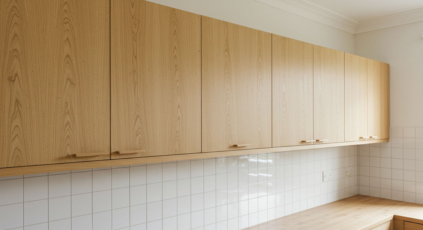 Ровный ряд навесных кухонных шкафов в современном интерьере.