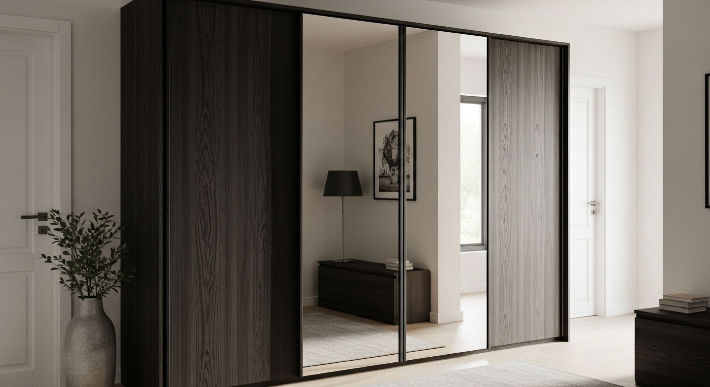 Современный встроенный шкаф-купе с зеркальными фасадами от пола до потолка.