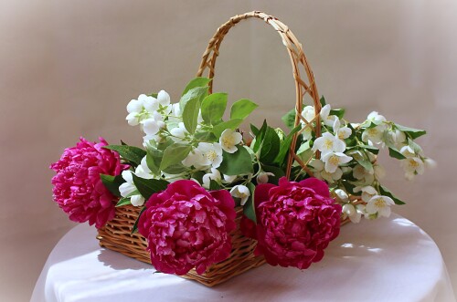 корзина с пионами и жасмином