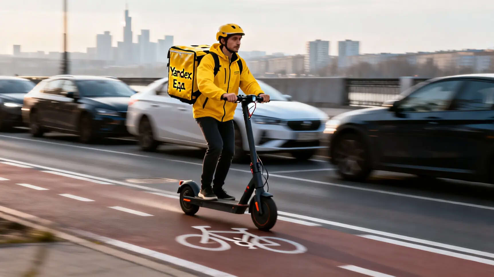 Курьер на велосипеде с желтым терморюкзаком едет по городской улице.