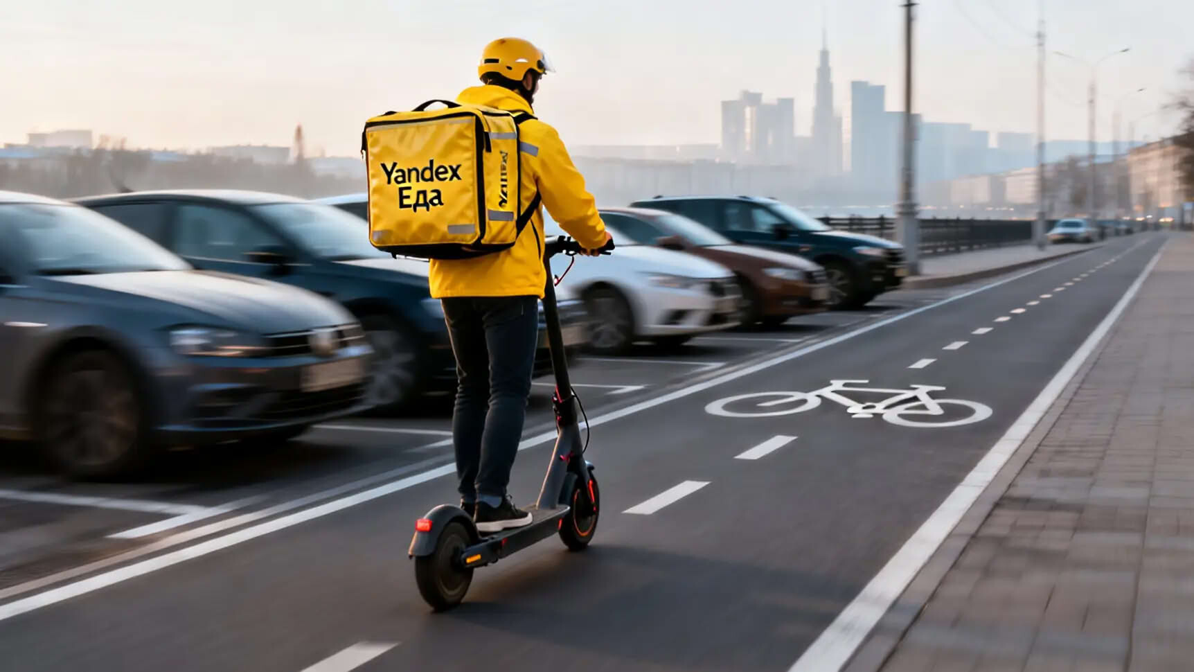 Пеший курьер с термосумкой идет по городской улице к клиенту