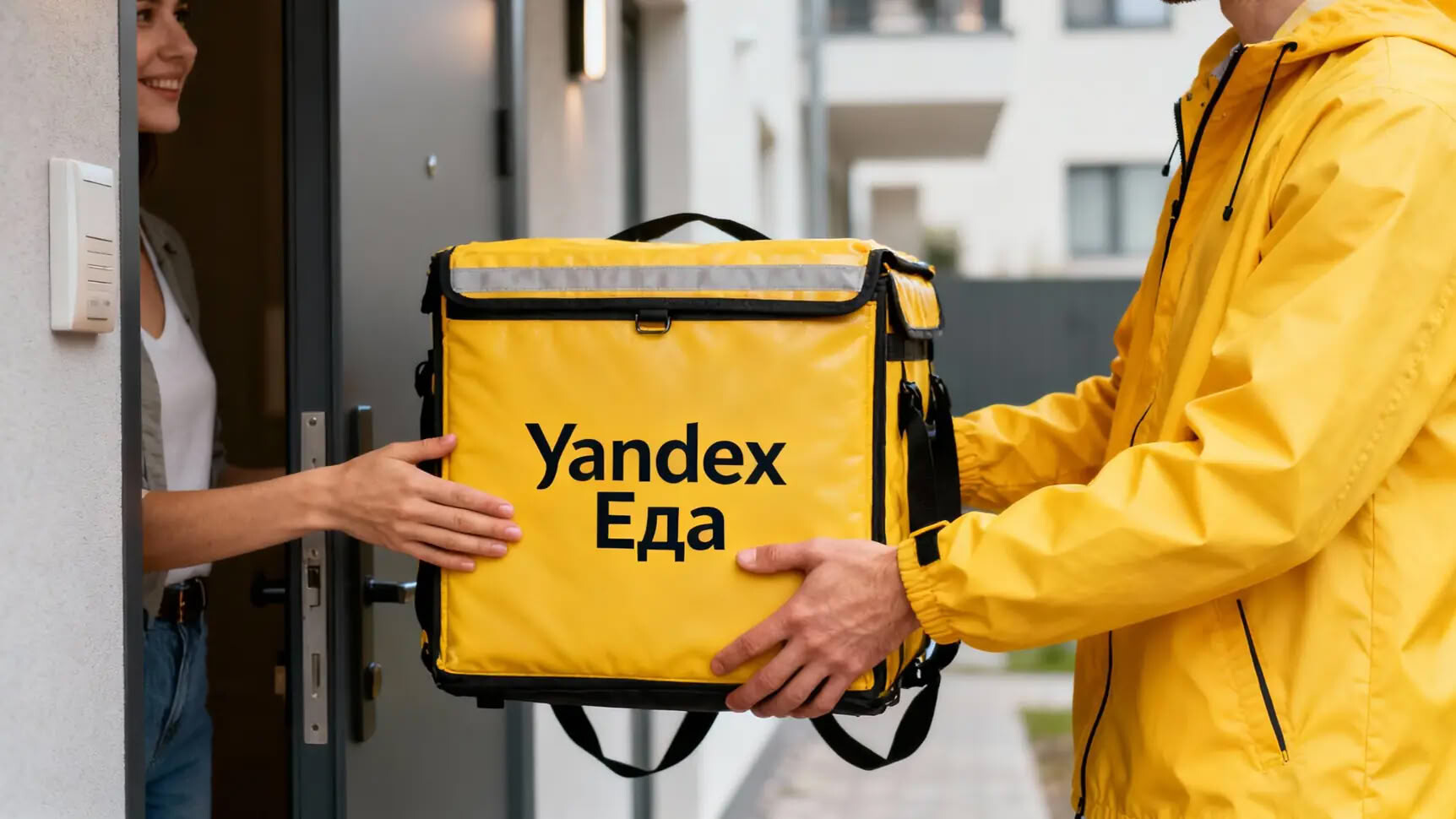 Улыбающийся курьер передает пакет с едой клиенту у дверей современной квартиры.