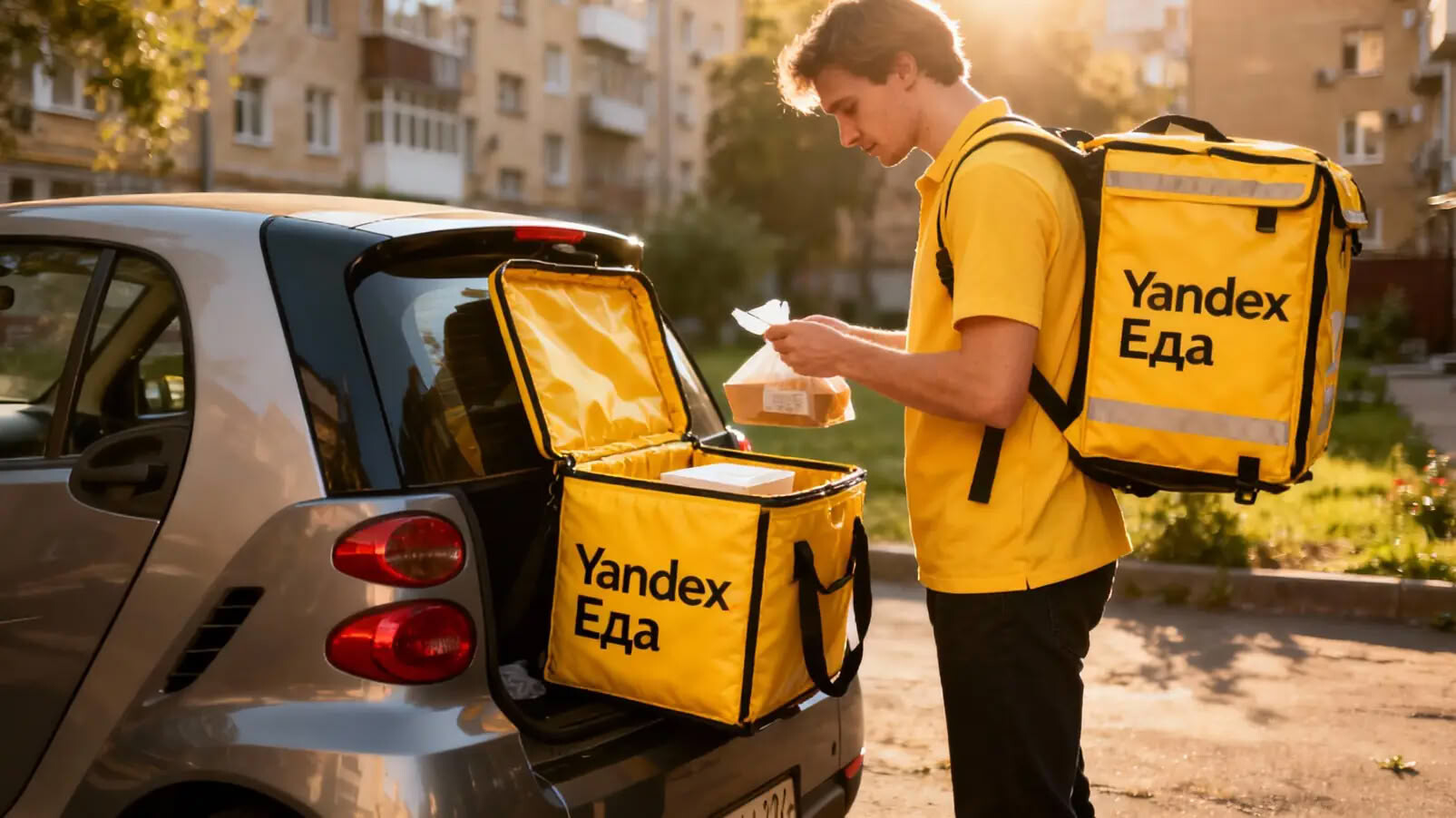 Группа курьеров на велосипедах ожидает заказы возле популярного городского ресторана.