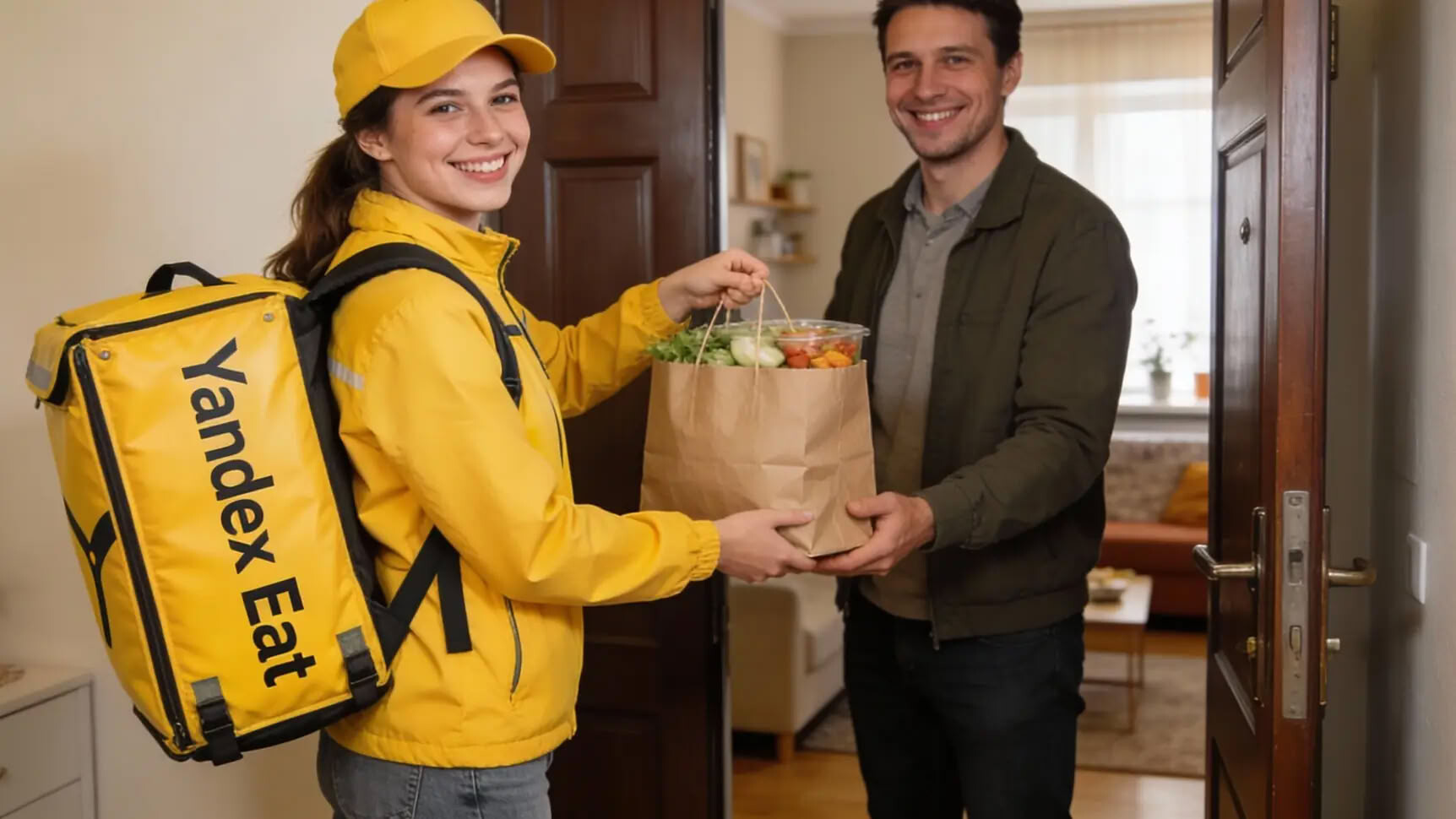 Автокурьер передает пакет с заказом клиенту возле подъезда.