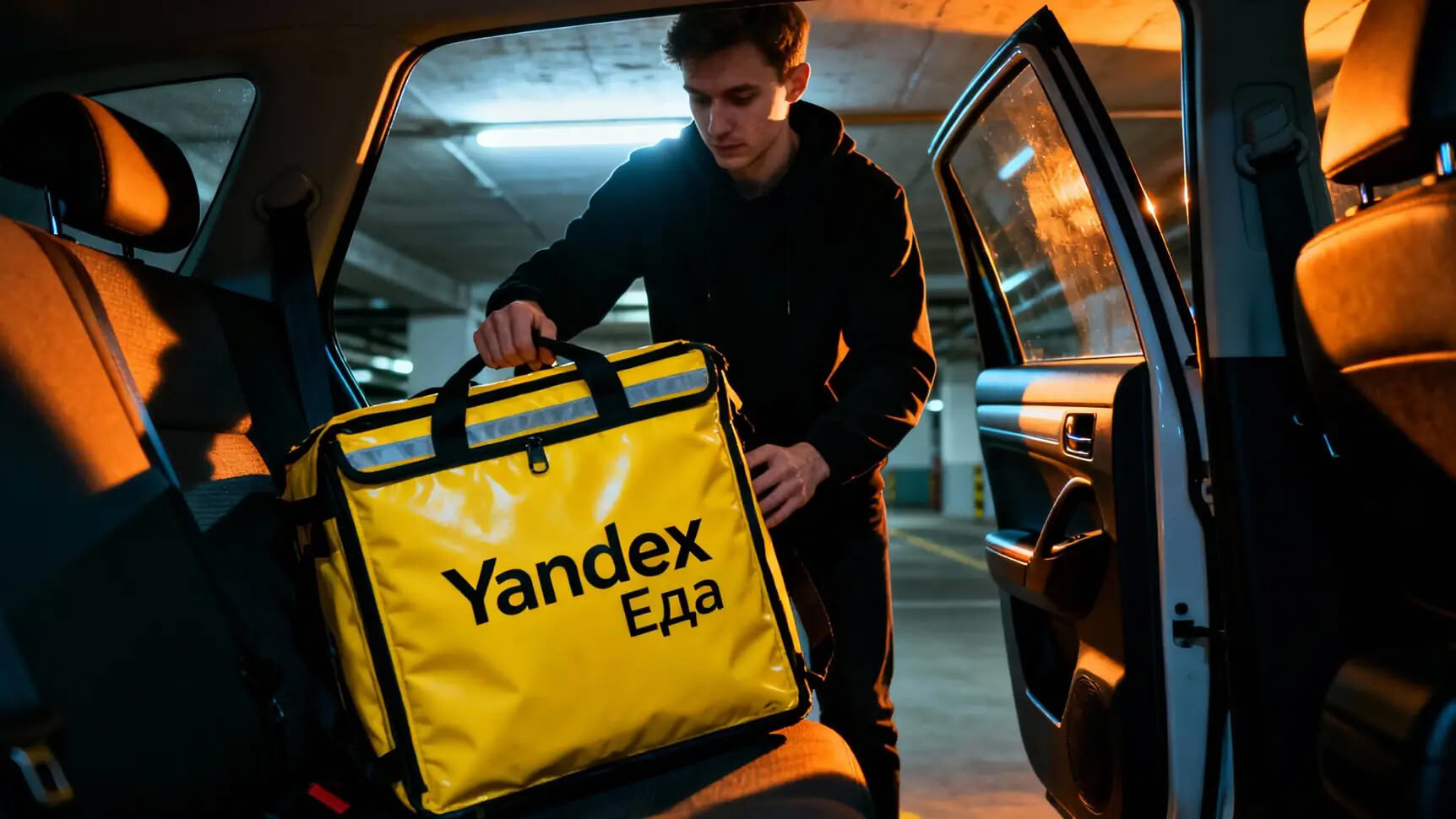 Автокурьер паркует машину во дворе жилого комплекса для выдачи заказа