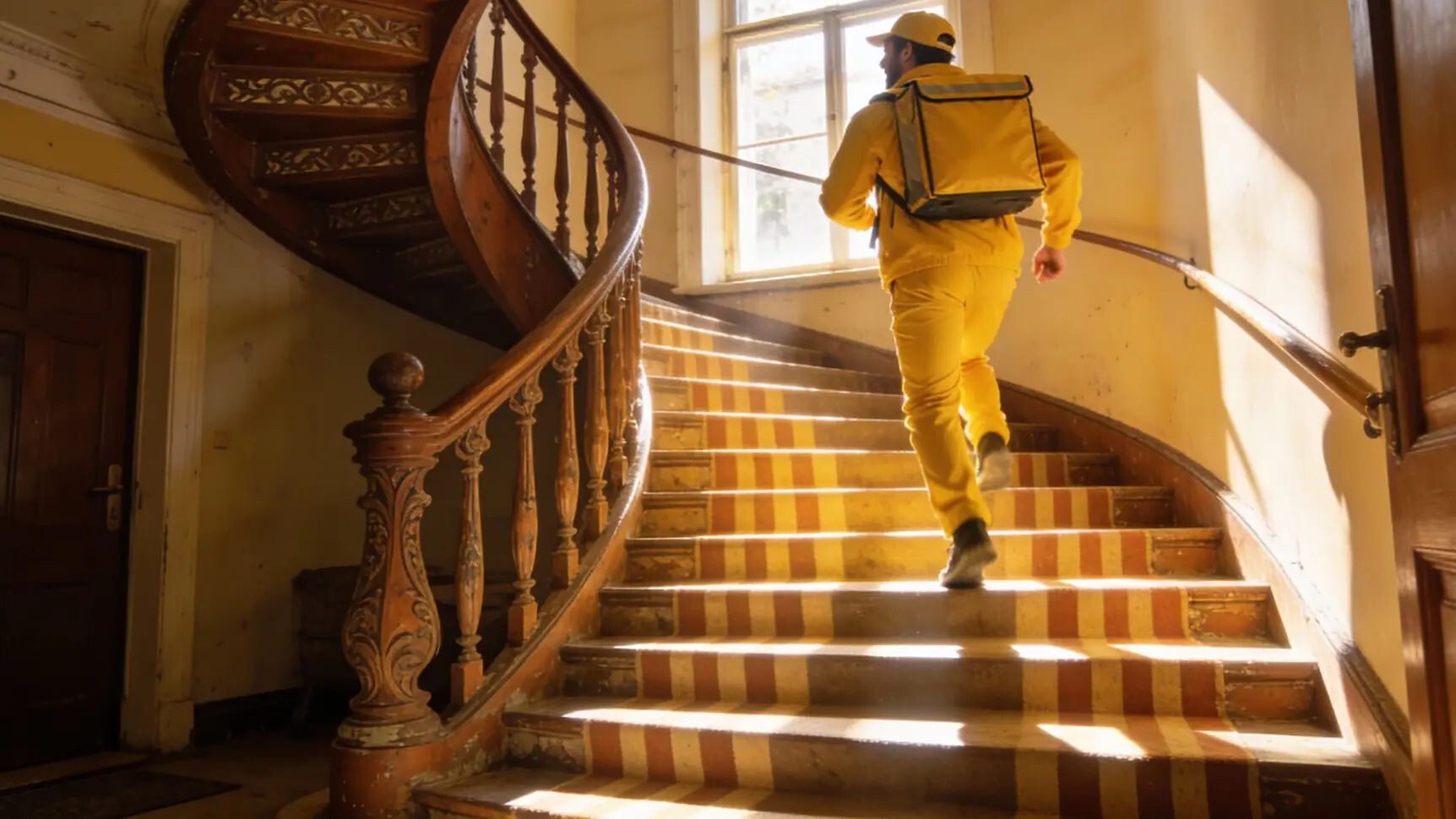 Курьер на велосипеде быстро перемещается по оживленной улице мегаполиса