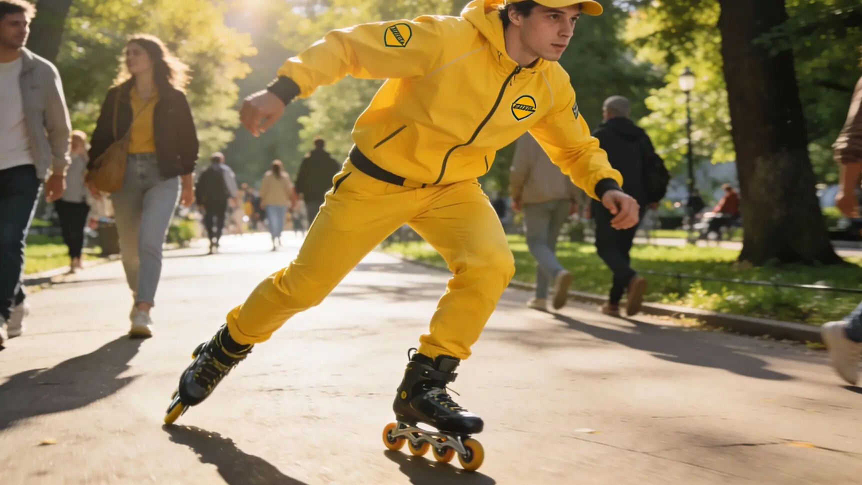 Курьер на электросамокате везет заказ клиенту в солнечный день