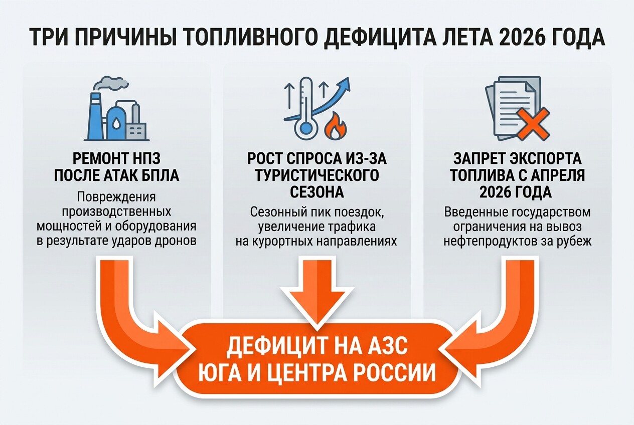 Причины дефицита бензина в России летом 2026 года